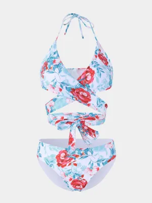 Wholesale Halter Sleeveless Floral Print Backless Wireless Bikinis