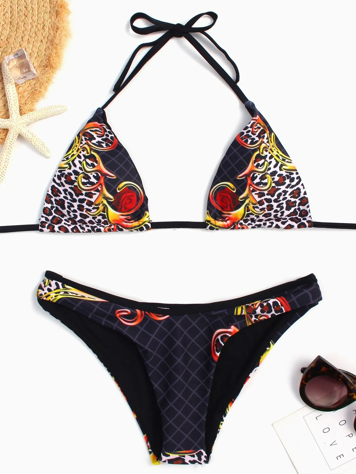 Wholesale Halter Sleeveless Leopard Crossed Front Two Piece Bikinis