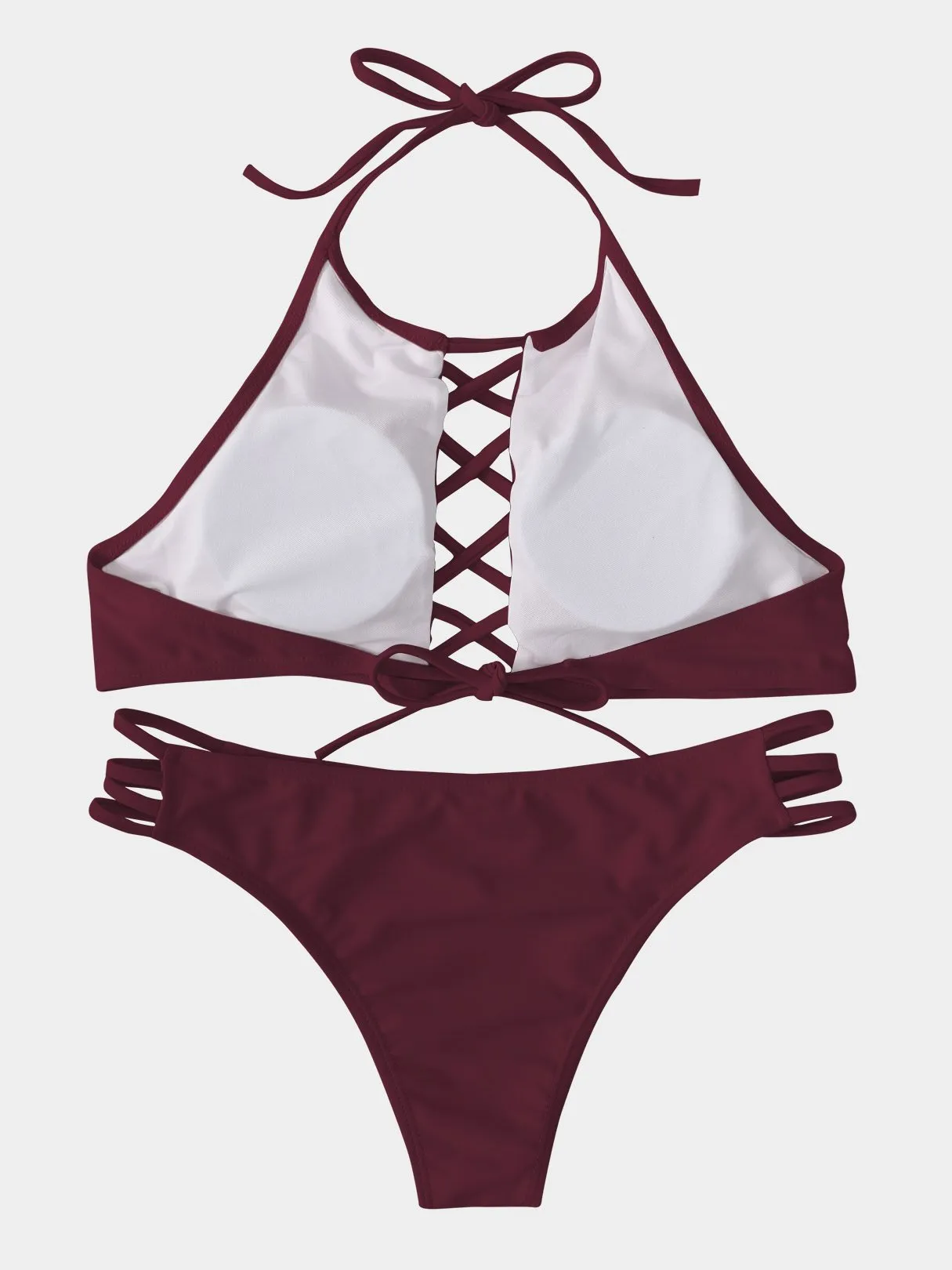 Wholesale Halter Sleeveless Plain Lace-Up Tie-Up Two Piece Bikinis