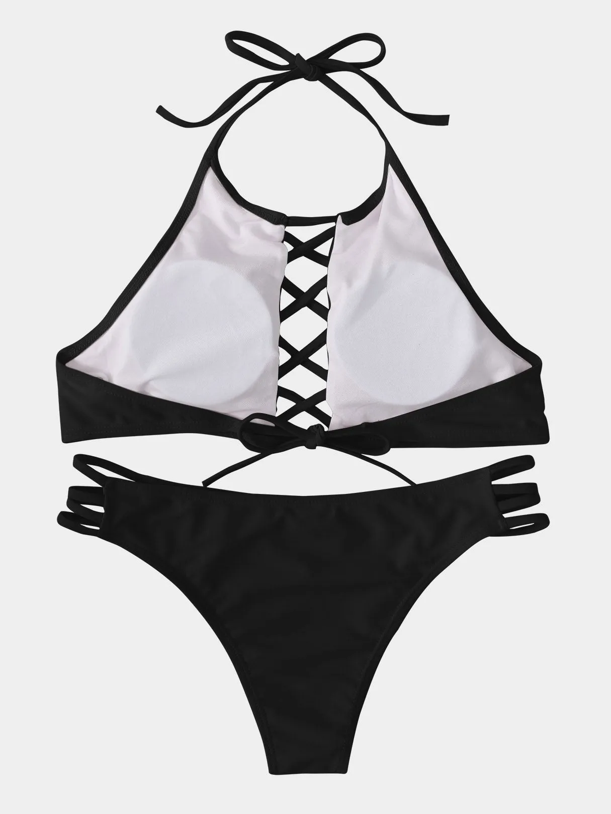 Wholesale Halter Sleeveless Plain Lace-Up Tie-Up Two Piece Bikinis