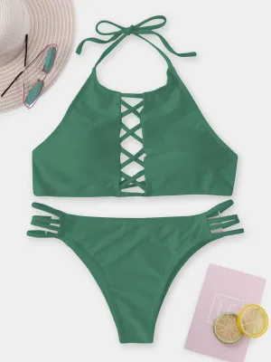 Wholesale Halter Sleeveless Plain Lace-Up Tie-Up Two Piece Bikinis