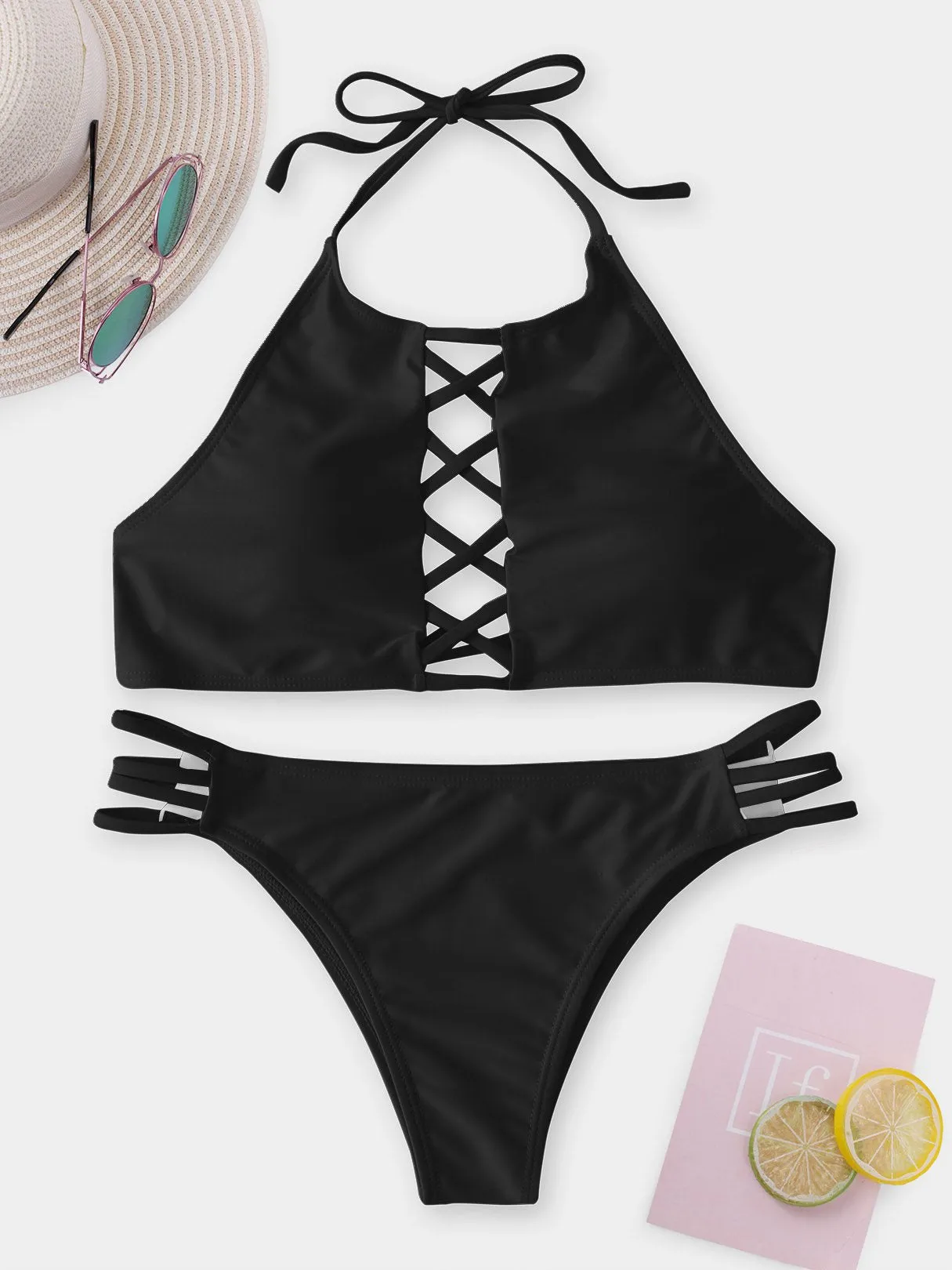 Wholesale Halter Sleeveless Plain Lace-Up Tie-Up Two Piece Bikinis