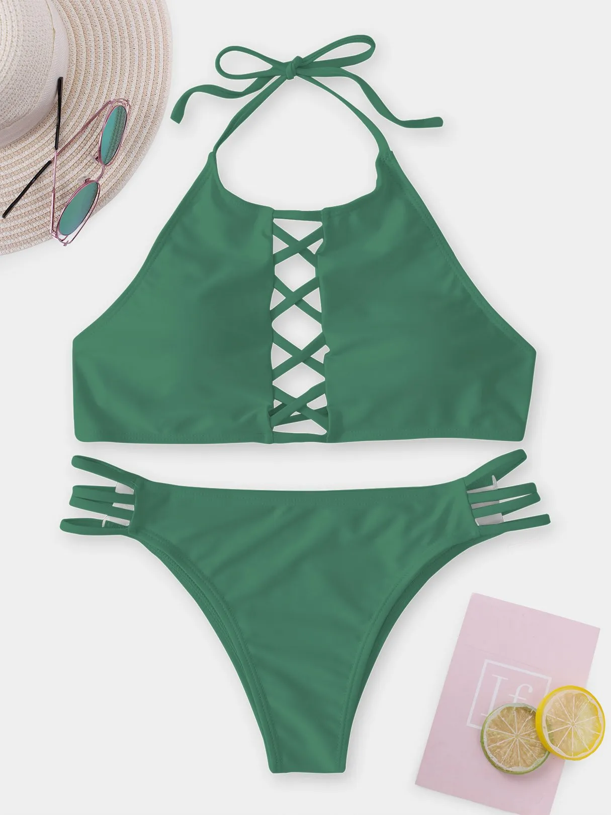 Wholesale Halter Sleeveless Plain Lace-Up Tie-Up Two Piece Bikinis