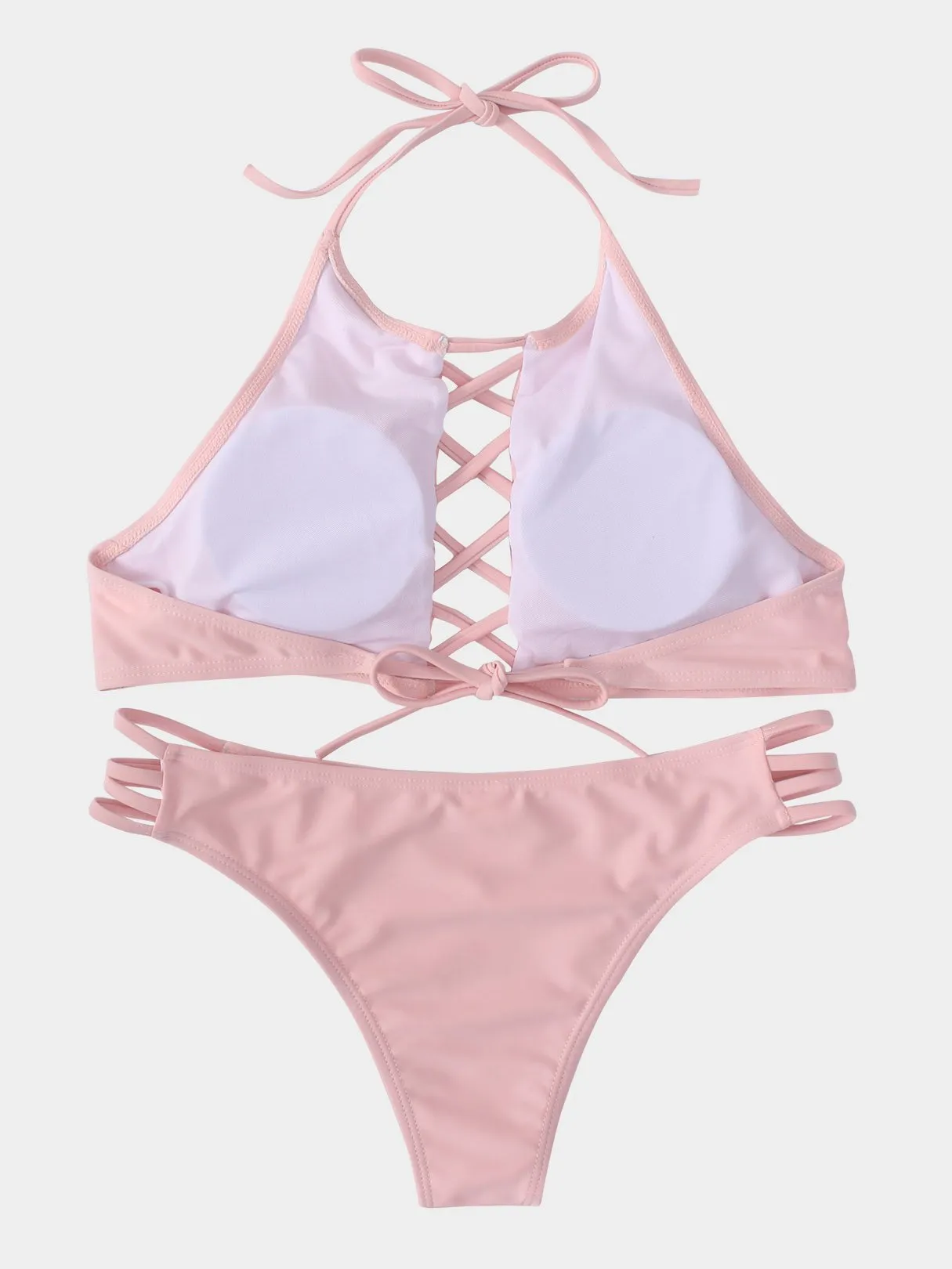 Wholesale Halter Sleeveless Plain Lace-Up Tie-Up Two Piece Bikinis