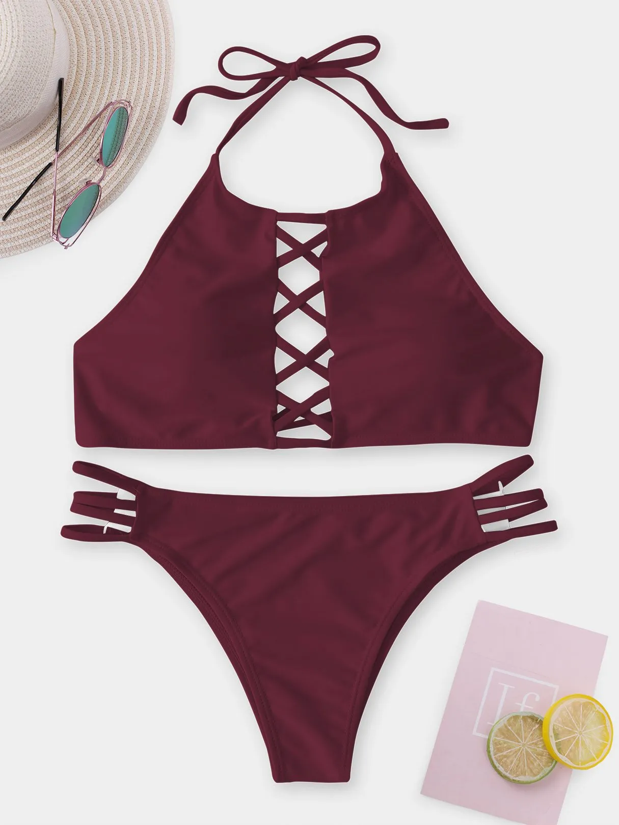 Wholesale Halter Sleeveless Plain Lace-Up Tie-Up Two Piece Bikinis