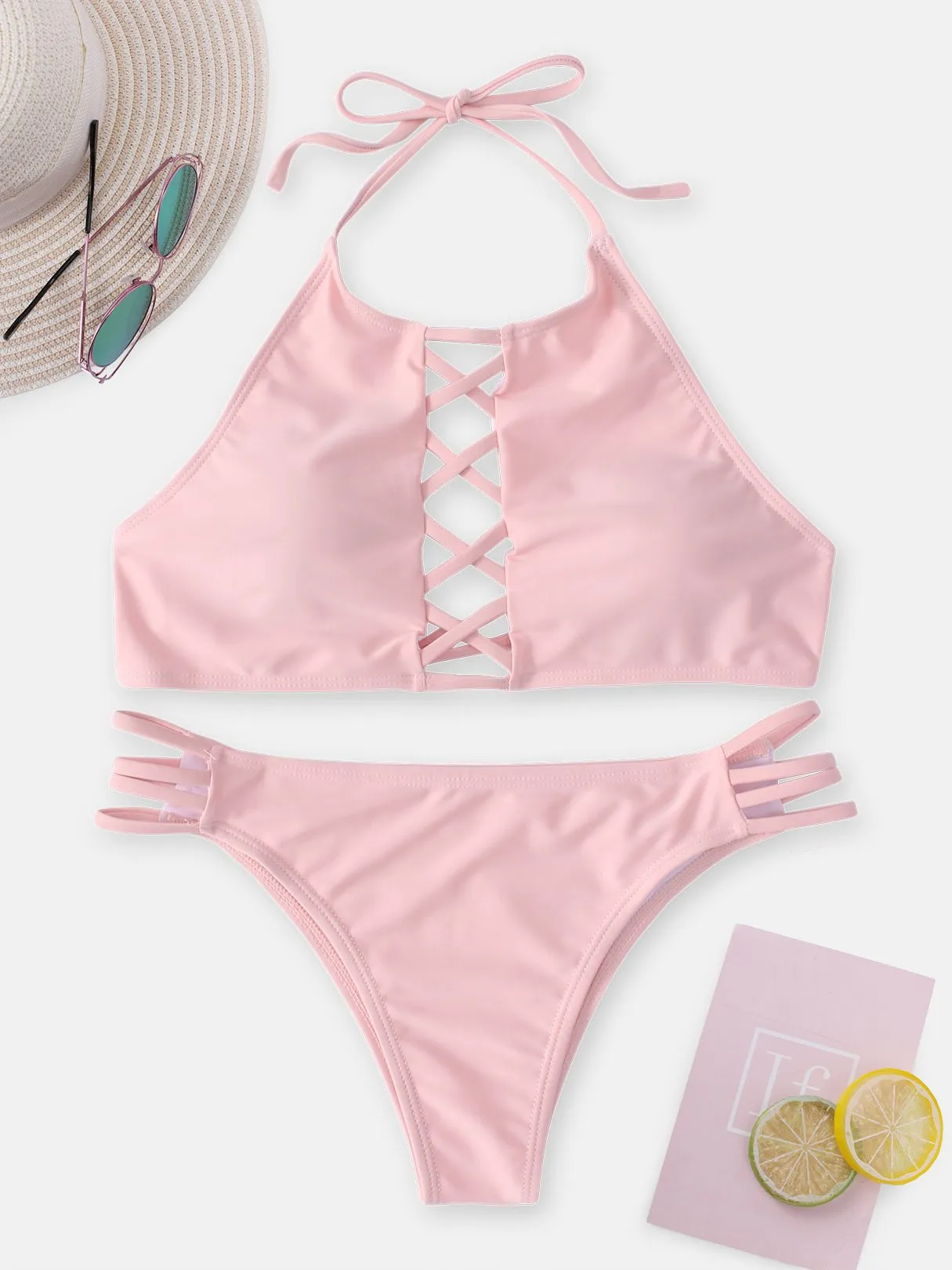 Wholesale Halter Sleeveless Plain Lace-Up Tie-Up Two Piece Bikinis
