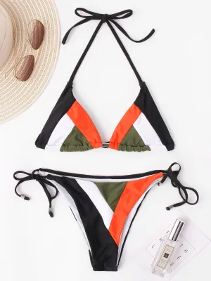 Wholesale Halter Sleeveless Stripe Backless Two Piece Bikinis