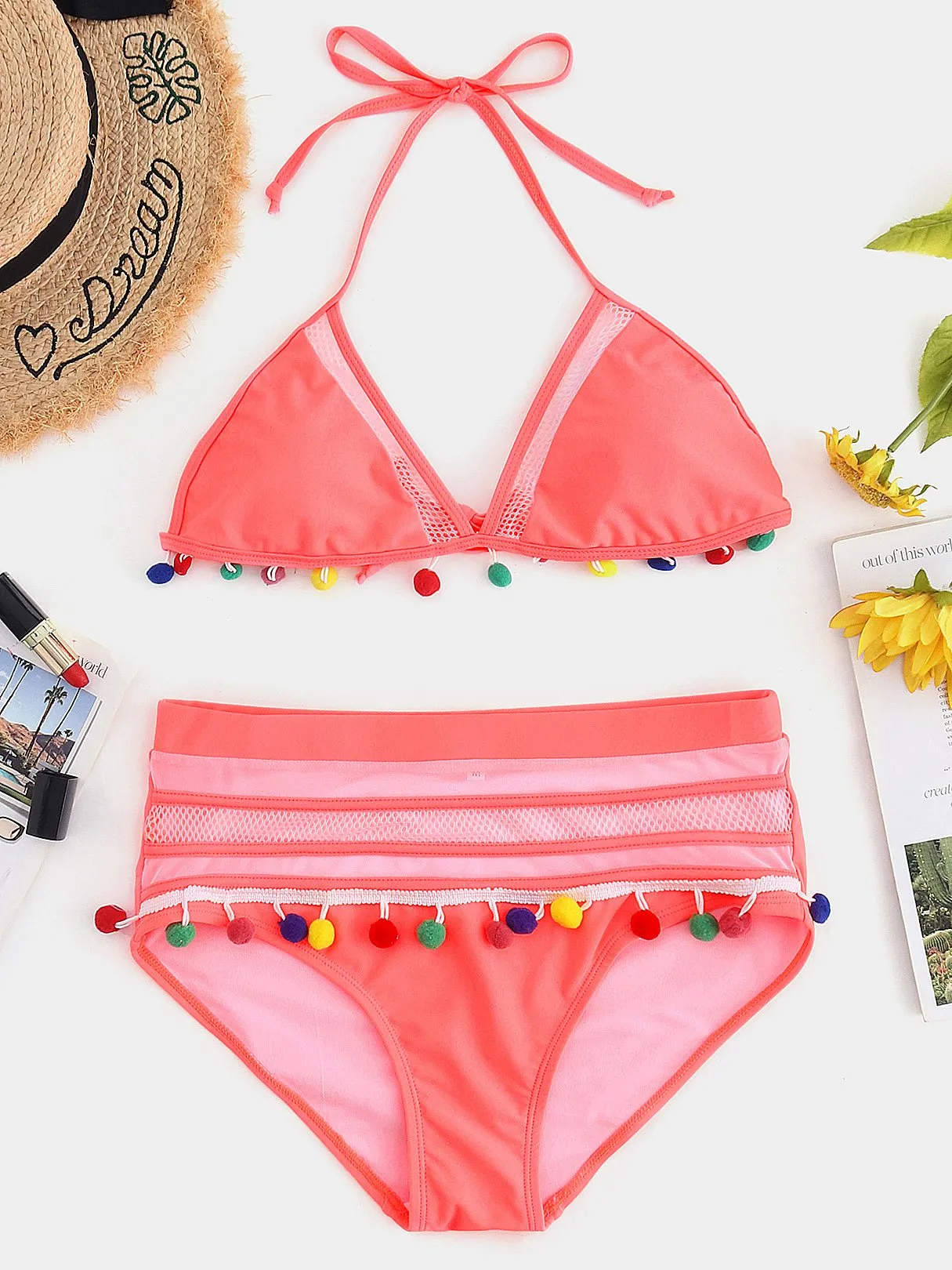 Wholesale Halter Sleeveless Tassel Backless Self-Tie Bikini Set Swimwear