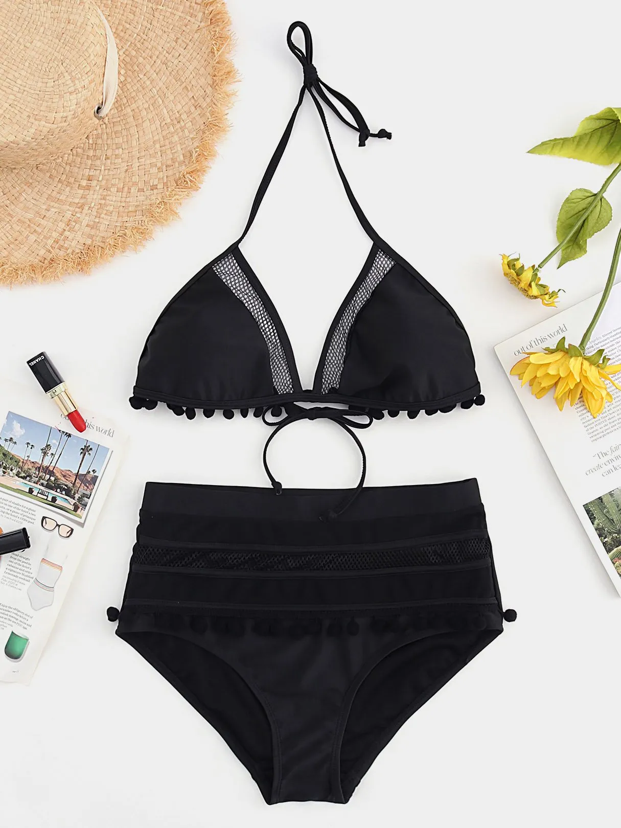 Wholesale Halter Sleeveless Tassel Backless Self-Tie Bikini Set Swimwear