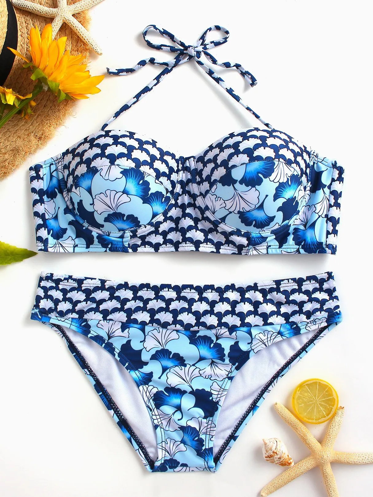 Wholesale Halter V-Neck Printed Backless Tie-Up Sleeveless 2 Piece Bikini