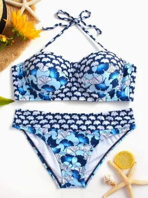 Wholesale Halter V-Neck Printed Backless Tie-Up Sleeveless 2 Piece Bikini