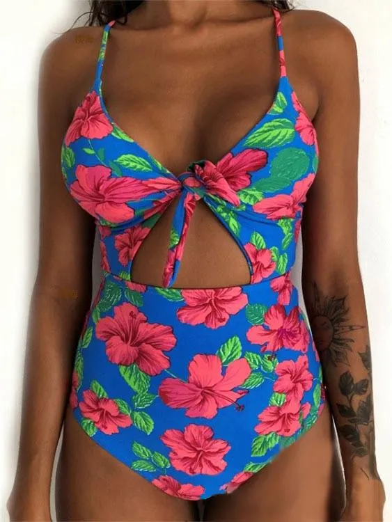 Wholesale Halter V-Neck Sleeveless Floral Print Cut Out Criss-Cross Tie-Up Bikinis