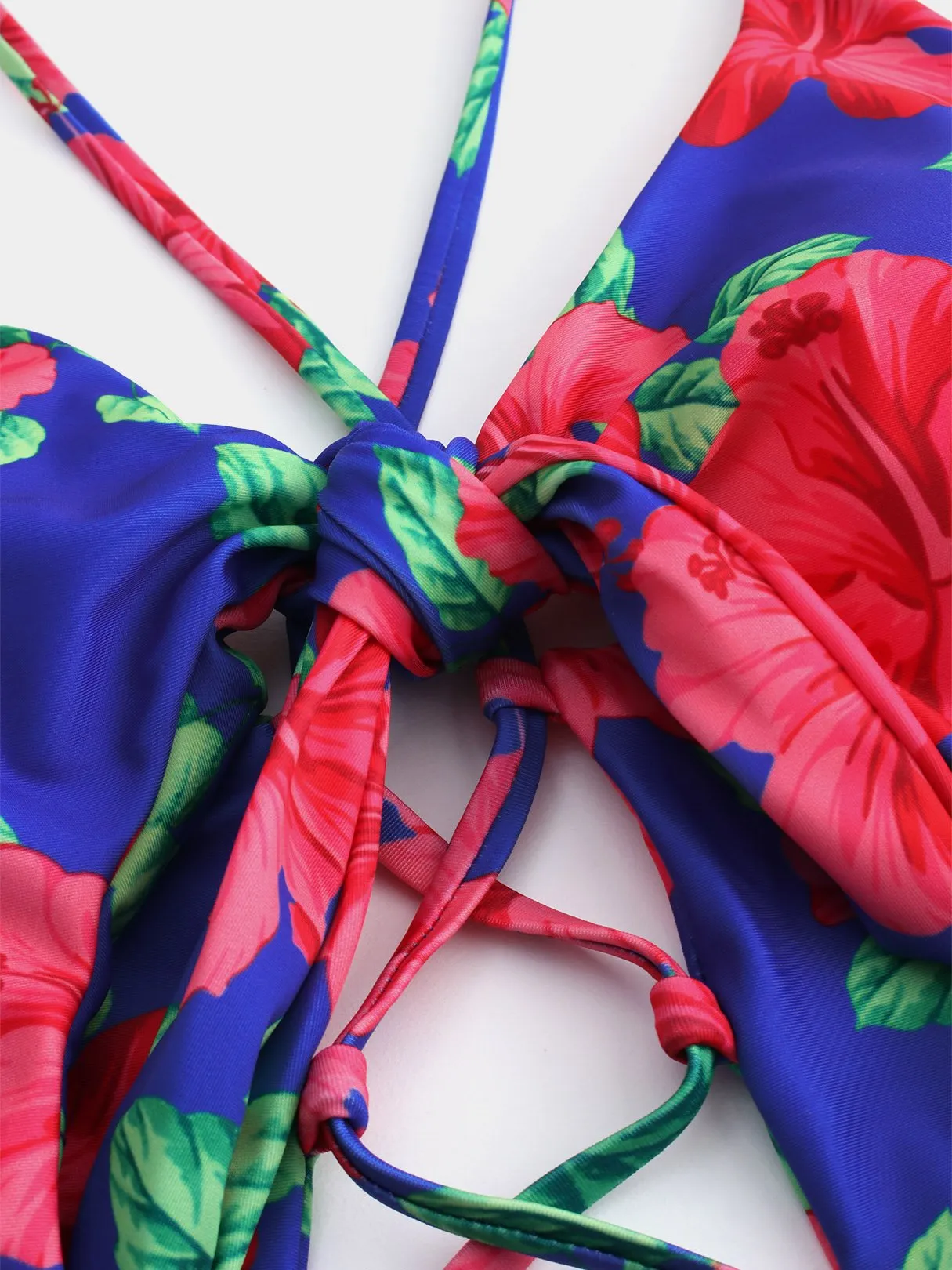 Wholesale Halter V-Neck Sleeveless Floral Print Cut Out Criss-Cross Tie-Up Bikinis