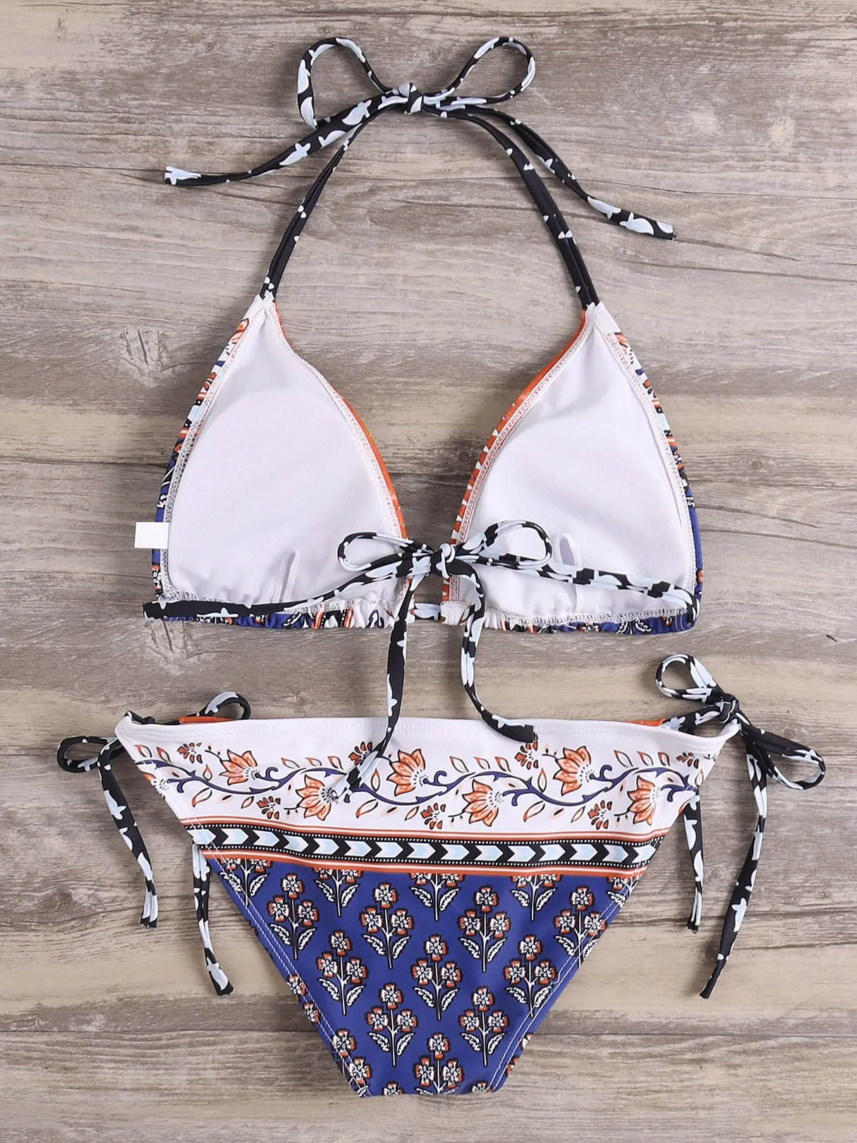Wholesale Halter V-Neck Sleeveless Floral Print Tie-Up Bikini Set