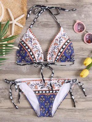 Wholesale Halter V-Neck Sleeveless Floral Print Tie-Up Bikini Set