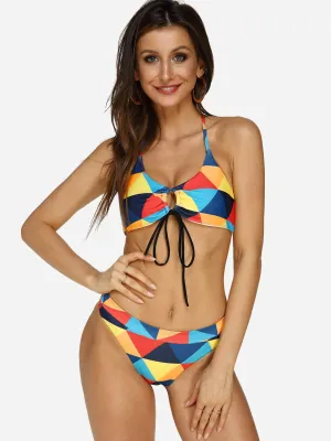 Wholesale Halter V-Neck Sleeveless Geometrical Backless Tie-Up Bikinis