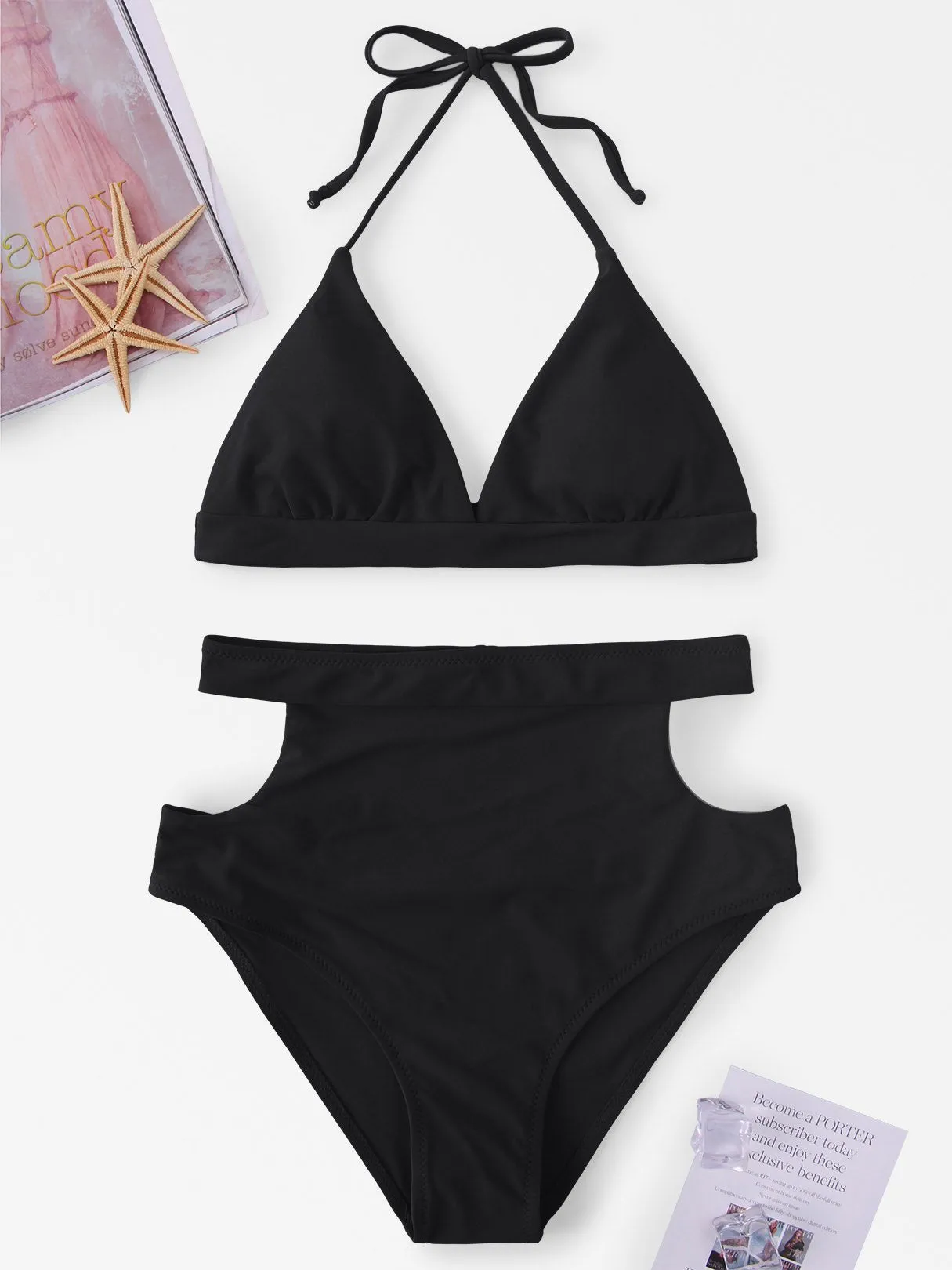 Wholesale Halter V-Neck Sleeveless Plain Backless Cut Out Tie-Up High Waist 2 Piece Bikinis