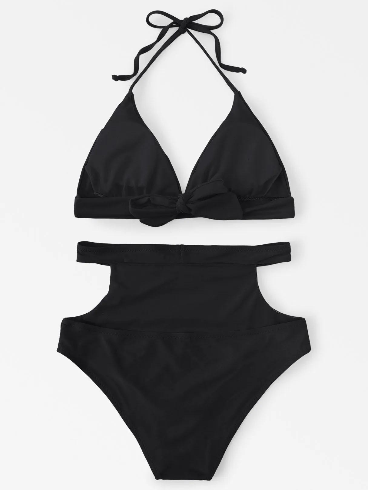 Wholesale Halter V-Neck Sleeveless Plain Backless Cut Out Tie-Up High Waist 2 Piece Bikinis