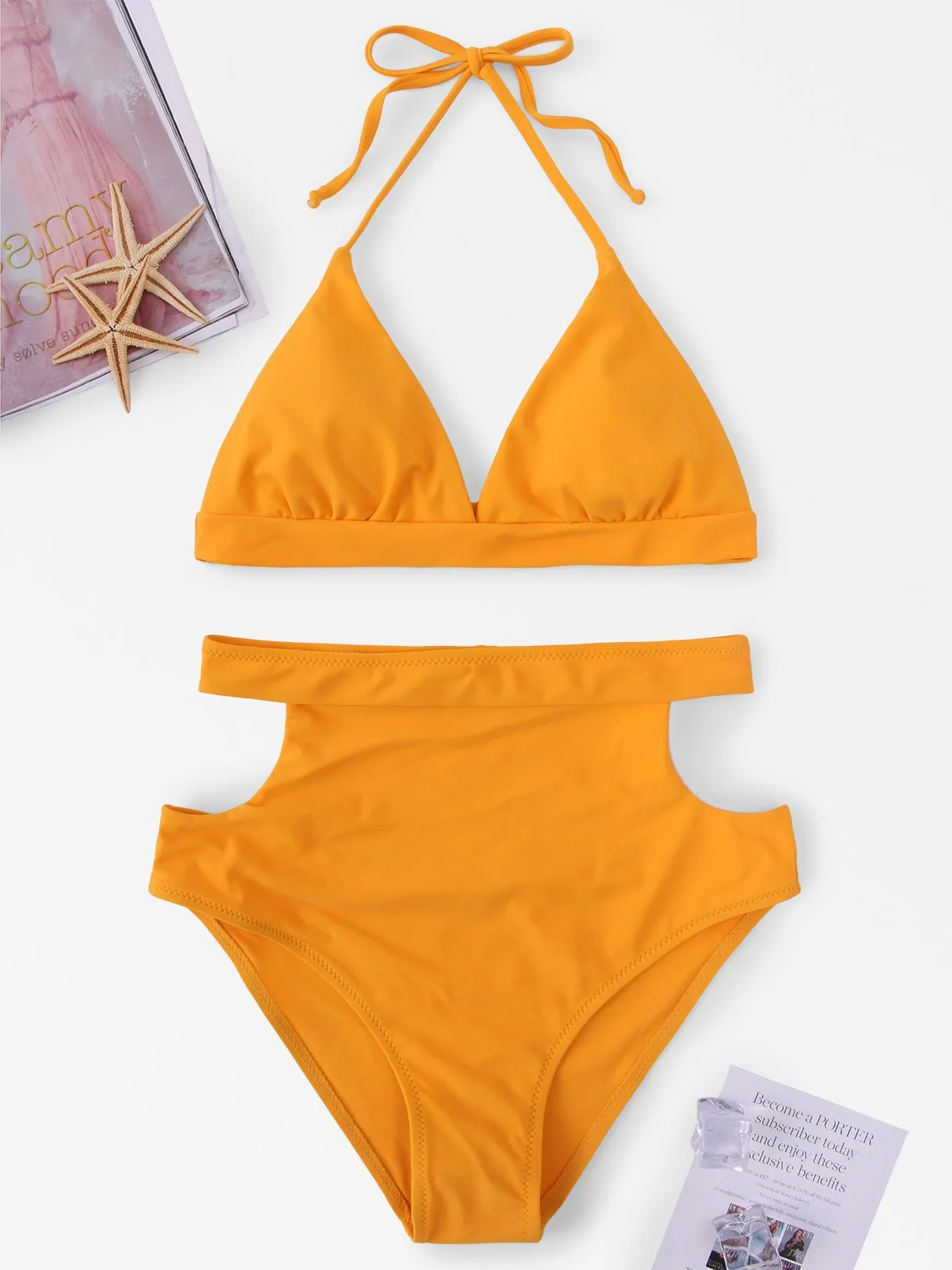 Wholesale Halter V-Neck Sleeveless Plain Backless Cut Out Tie-Up High Waist 2 Piece Bikinis