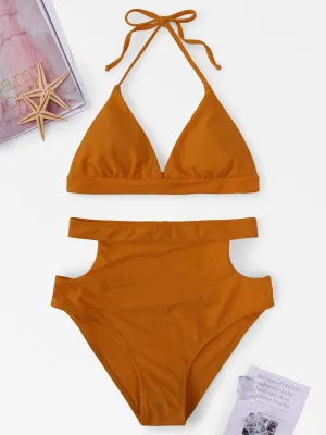 Wholesale Halter V-Neck Sleeveless Plain Backless Cut Out Tie-Up High Waist 2 Piece Bikinis
