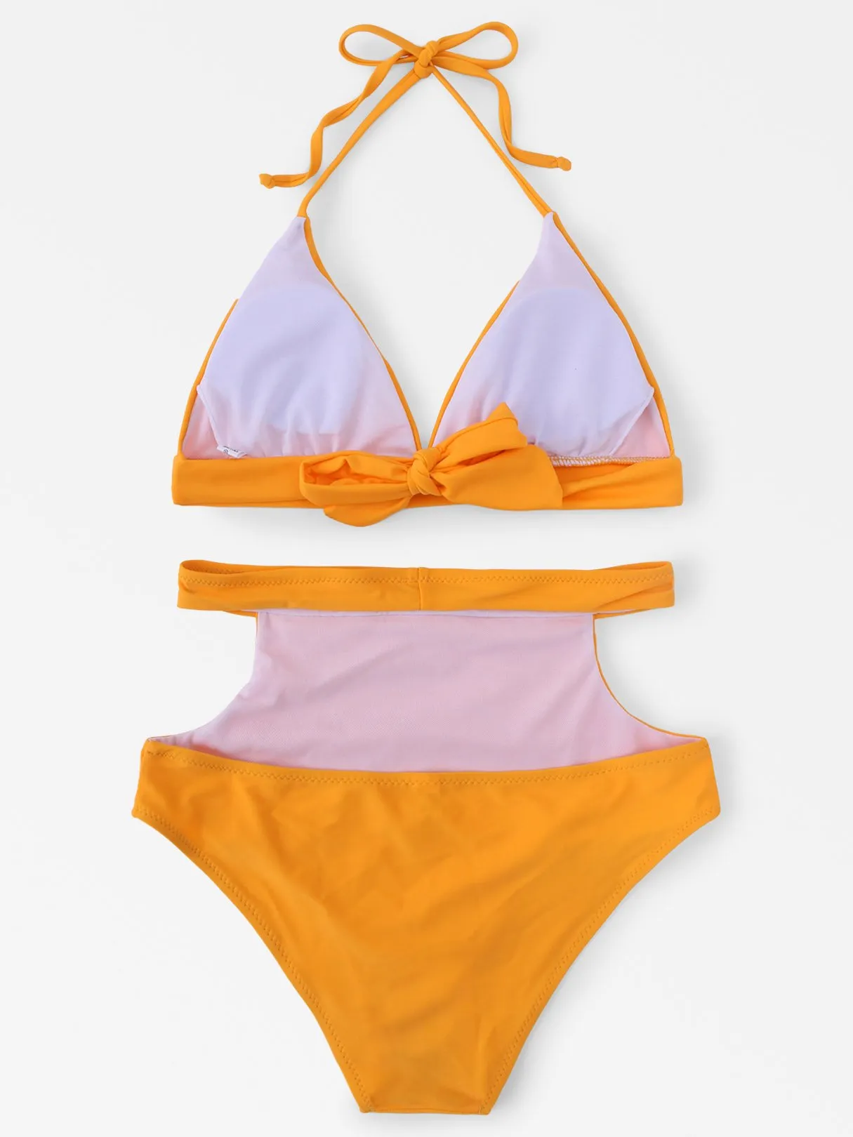 Wholesale Halter V-Neck Sleeveless Plain Backless Cut Out Tie-Up High Waist 2 Piece Bikinis