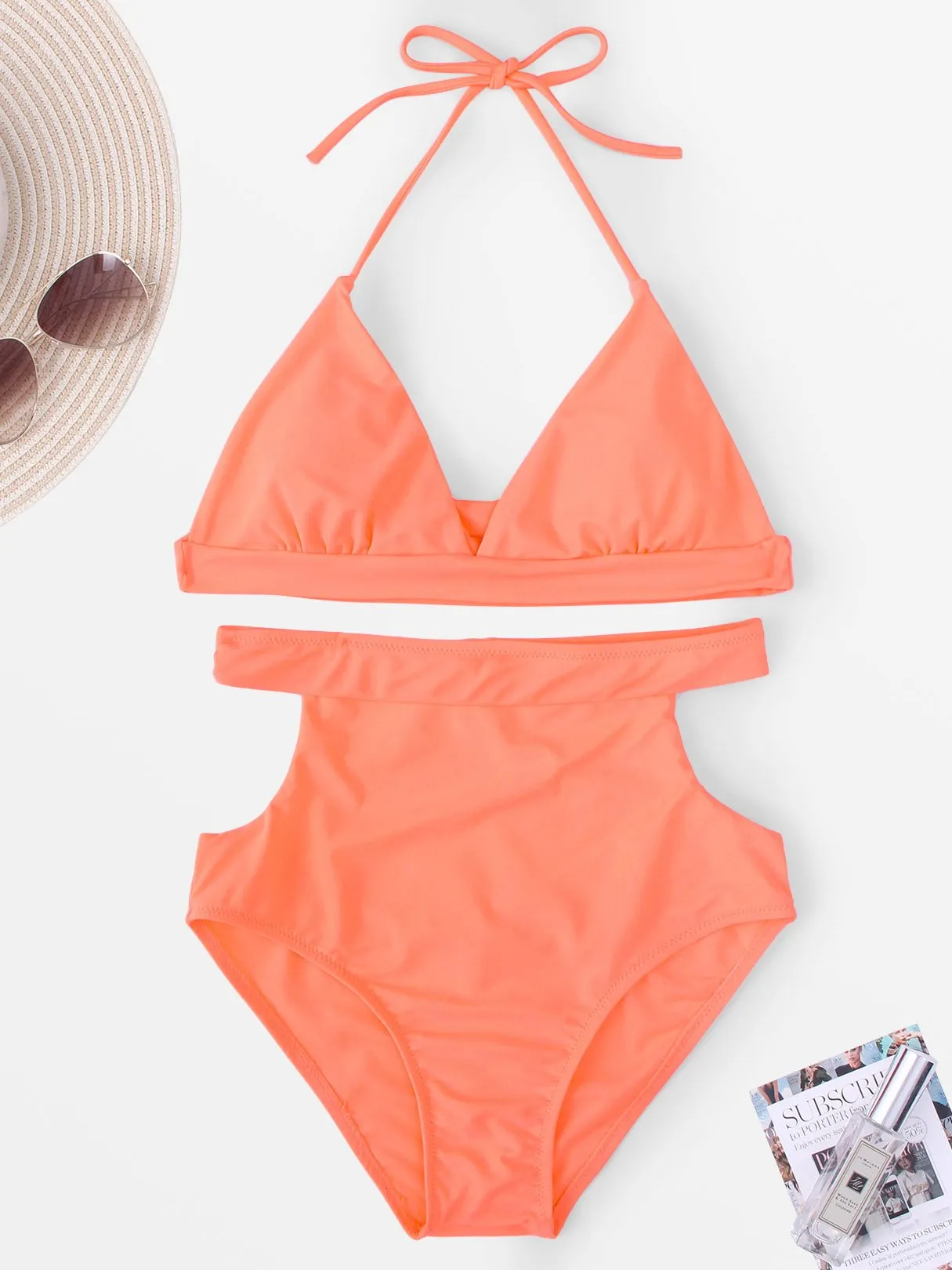 Wholesale Halter V-Neck Sleeveless Plain Backless Cut Out Tie-Up High Waist 2 Piece Bikinis
