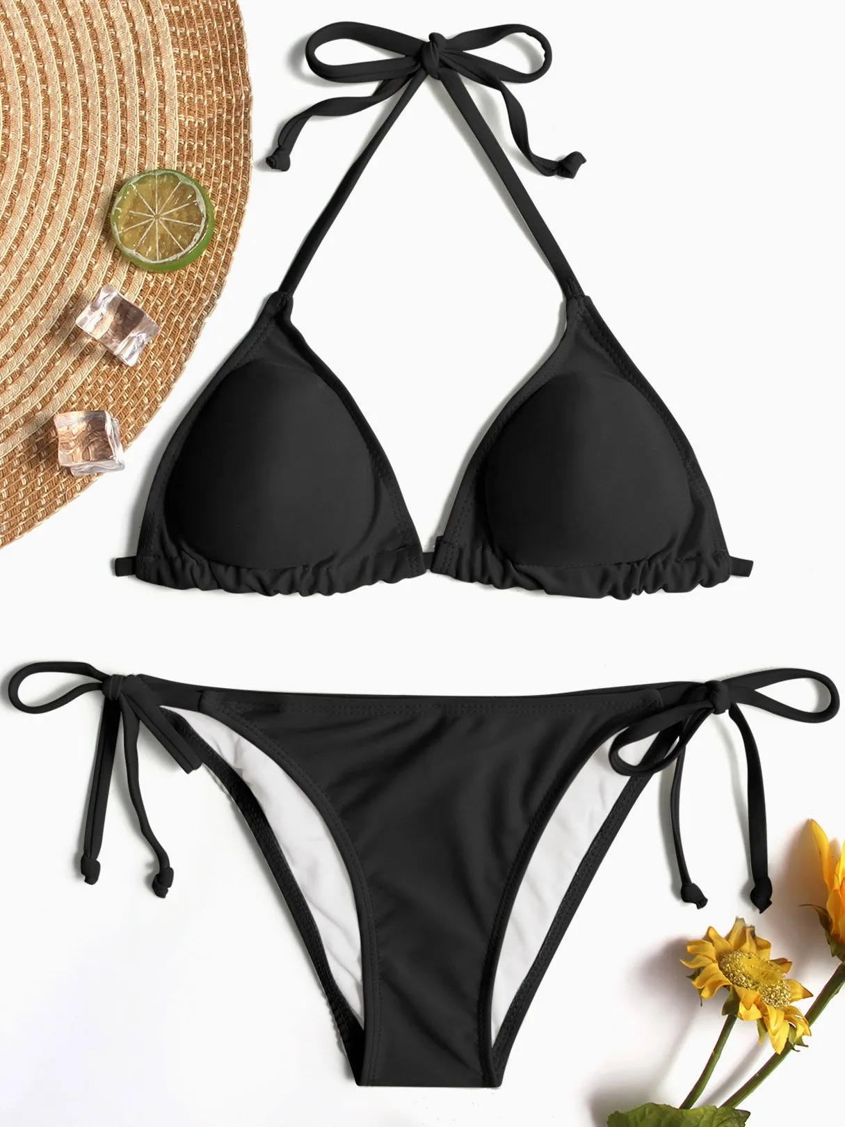 Wholesale Halter V-Neck Sleeveless Plain Tie-Up Bikinis