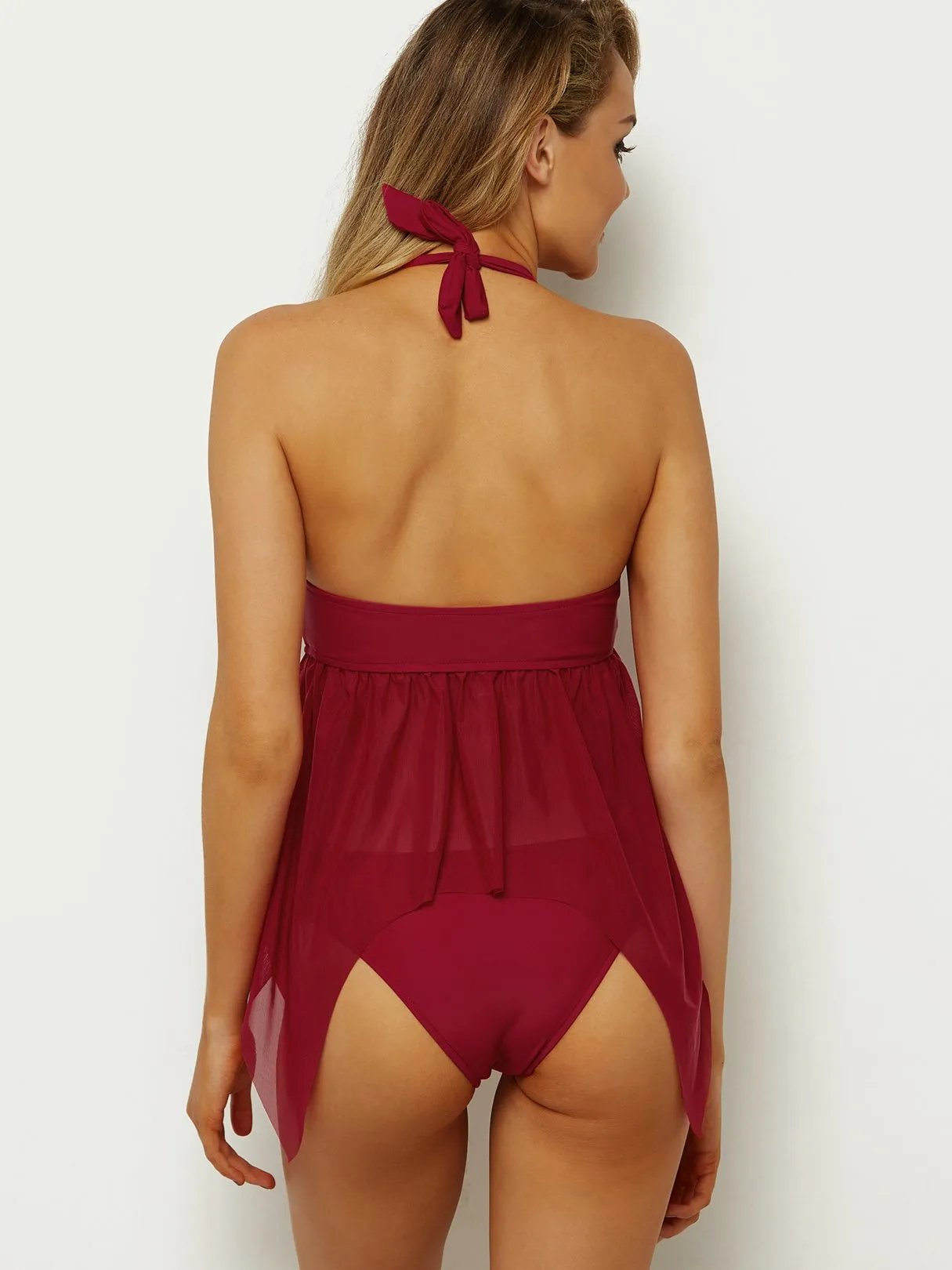 Wholesale Halter V-Neck Slit Semi Sheer Irregular Hem Tankinis