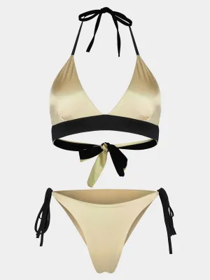 Wholesale Khaki Halter Sleeveless Plain Backless Lace-Up Spaghetti Strap Bikinis