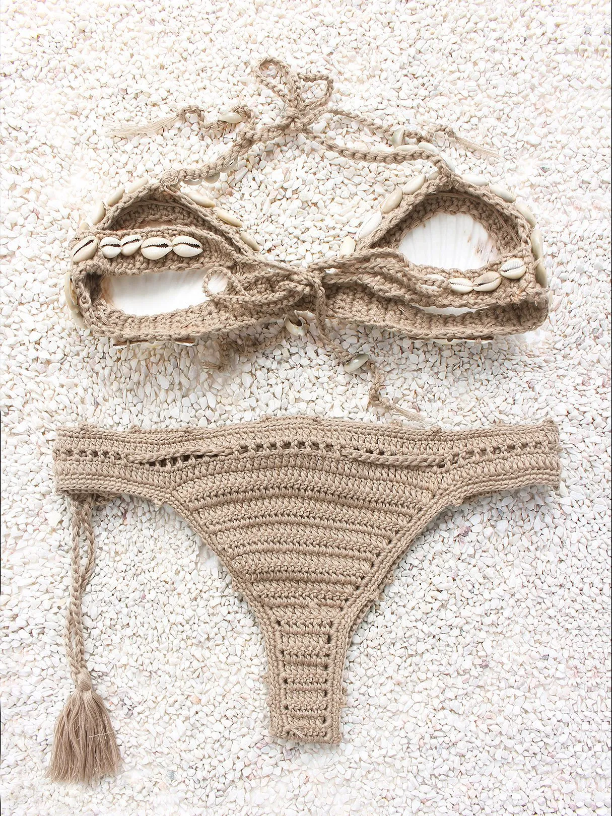 Wholesale Khaki Halter V-Neck Sleeveless Crochet Lace Embellished Tie-Up Bikinis