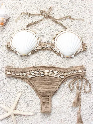 Wholesale Khaki Halter V-Neck Sleeveless Crochet Lace Embellished Tie-Up Bikinis