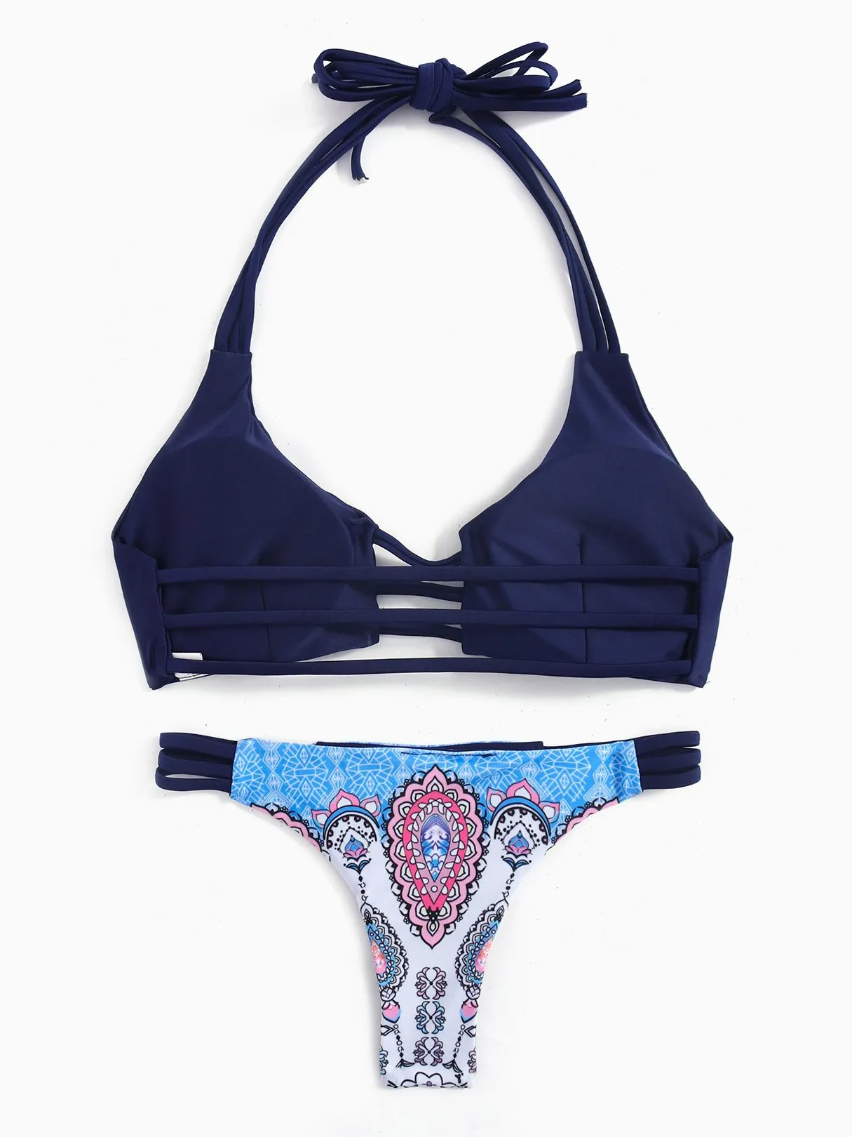 Wholesale Navy Halter Sleeveless Floral Print Wireless Two Piece Bikinis