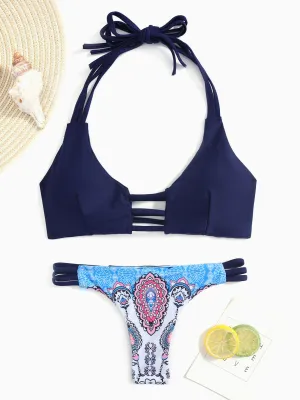 Wholesale Navy Halter Sleeveless Floral Print Wireless Two Piece Bikinis