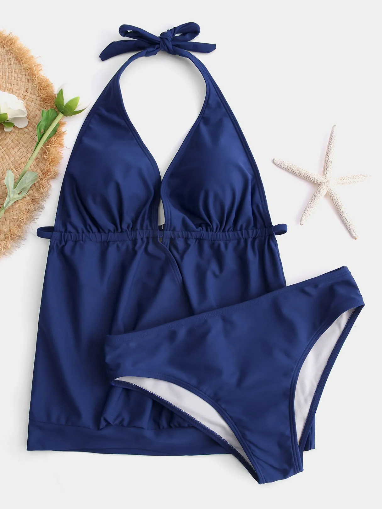 Wholesale Navy Halter V-Neck Plain Tie-Up Tankinis
