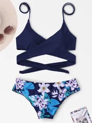 Wholesale Navy V-Neck Sleeveless Printed Lace-Up Bikinis