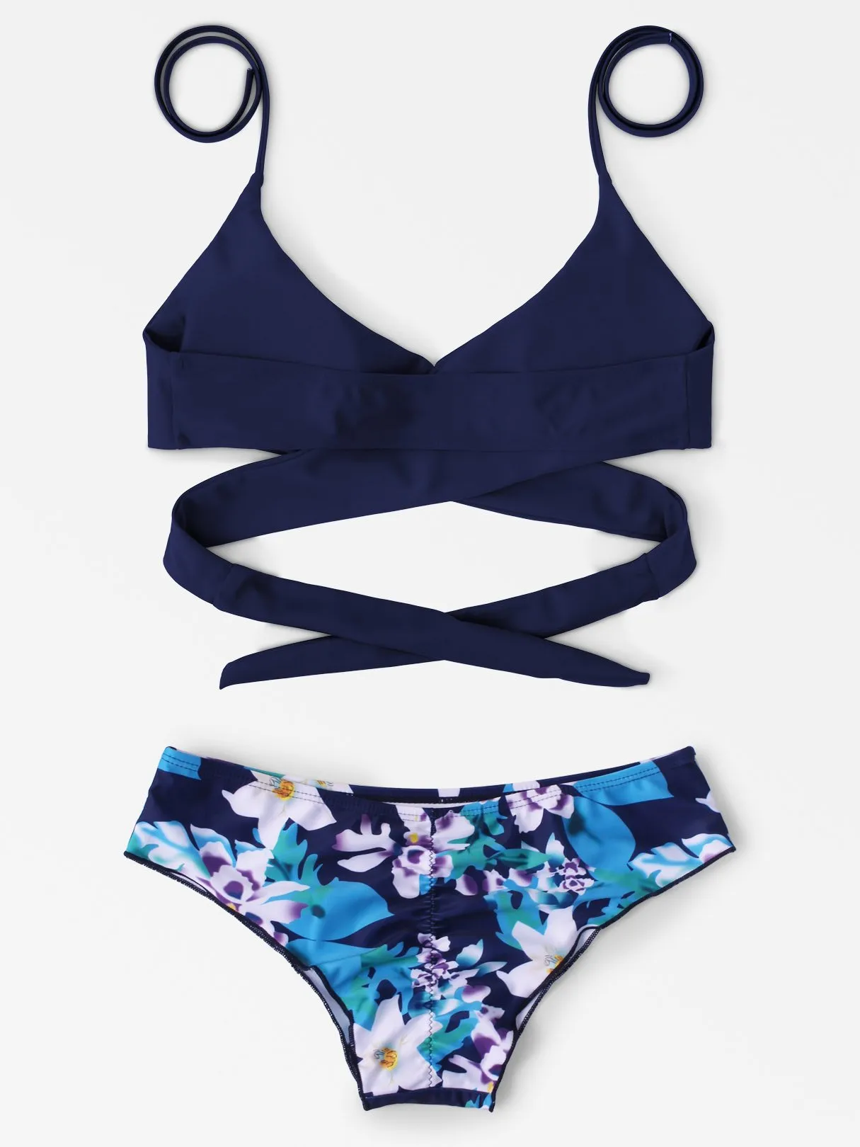 Wholesale Navy V-Neck Sleeveless Printed Lace-Up Bikinis