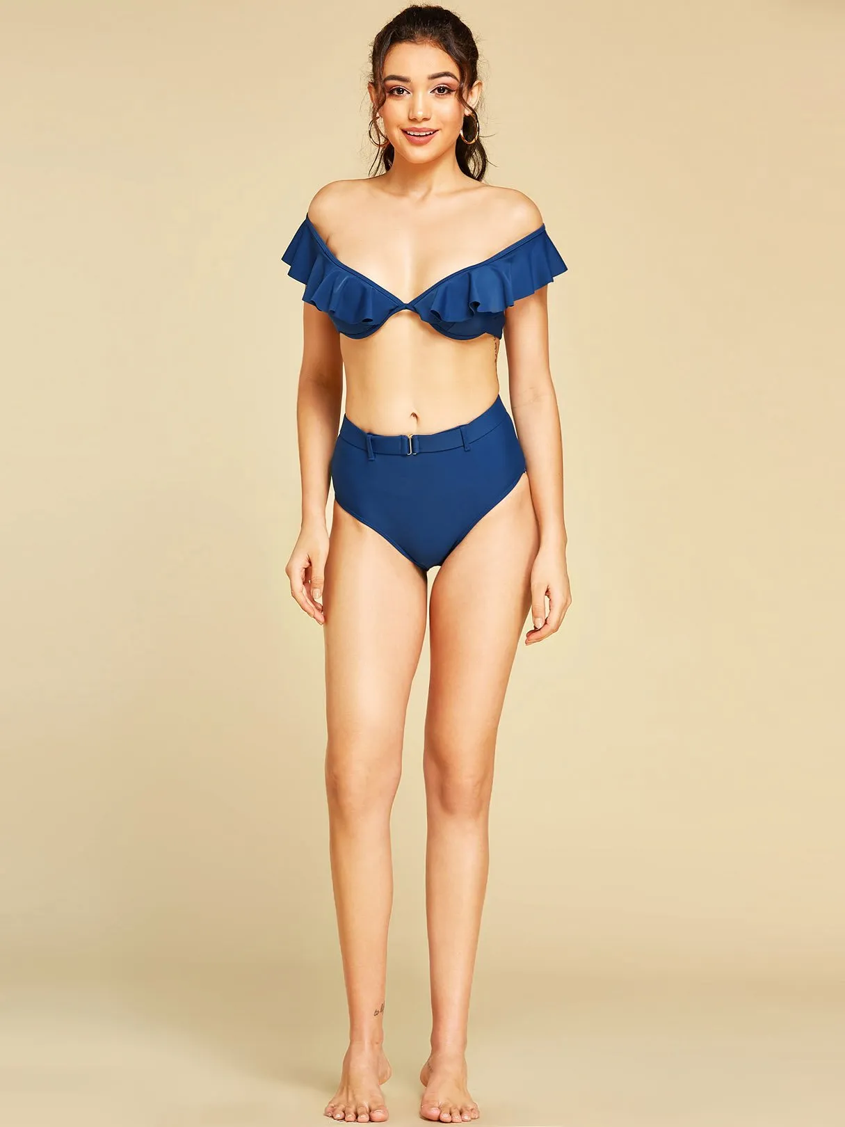 Wholesale Off The Shoulder Plain Backless Self-Tie Ruffle Trim Short Sleeve Dark Blue Bikinis