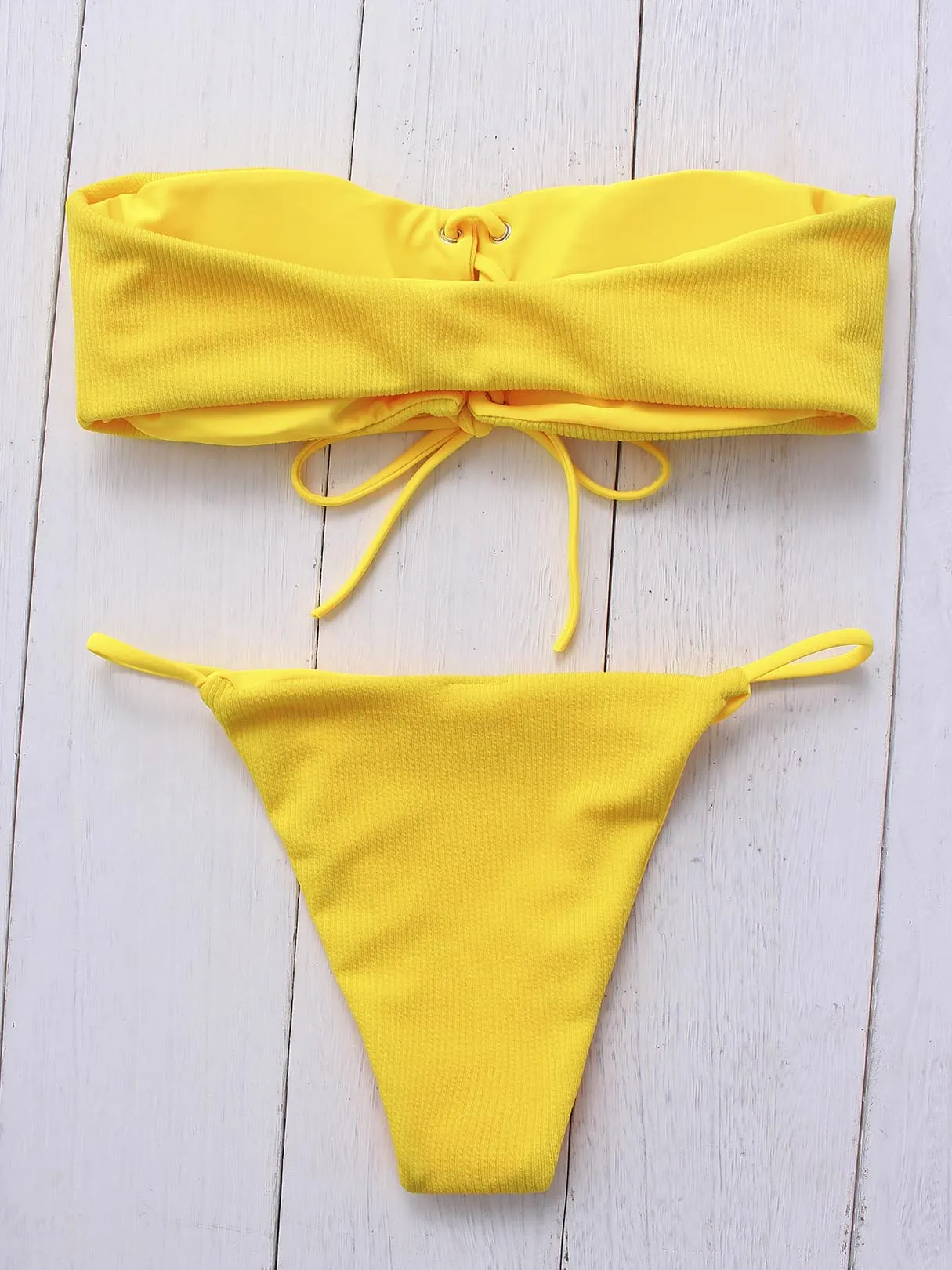 Wholesale Off The Shoulder Plain Lace-Up Sleeveless Yellow Bikinis