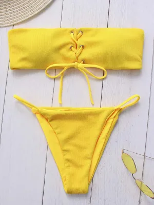 Wholesale Off The Shoulder Plain Lace-Up Sleeveless Yellow Bikinis