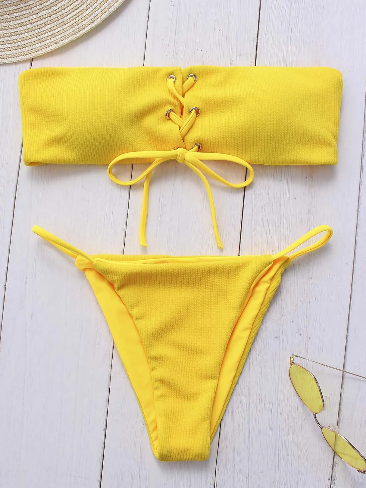 Wholesale Off The Shoulder Plain Lace-Up Sleeveless Yellow Bikinis