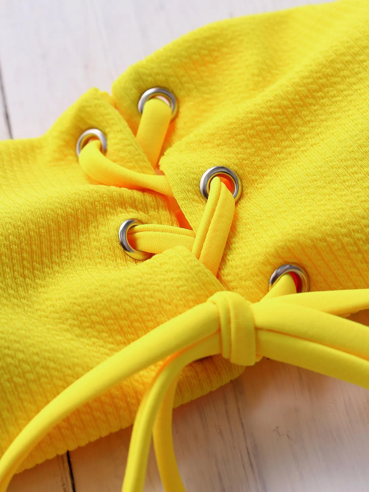 Wholesale Off The Shoulder Plain Lace-Up Sleeveless Yellow Bikinis