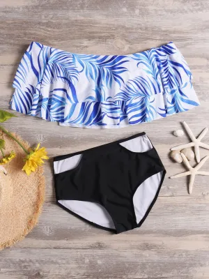 Wholesale Off The Shoulder Printed Tiered Backless Cut Out Half Sleeve Bikinis