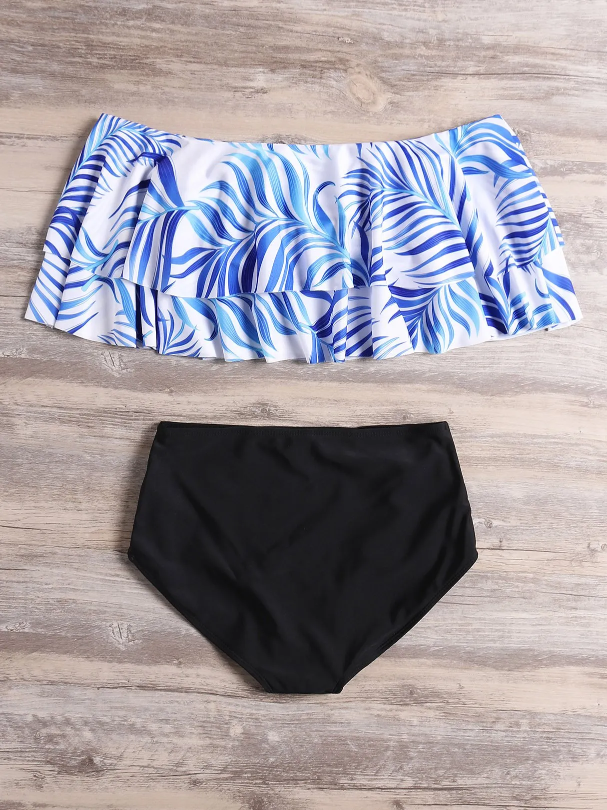 Wholesale Off The Shoulder Printed Tiered Backless Cut Out Half Sleeve Bikinis