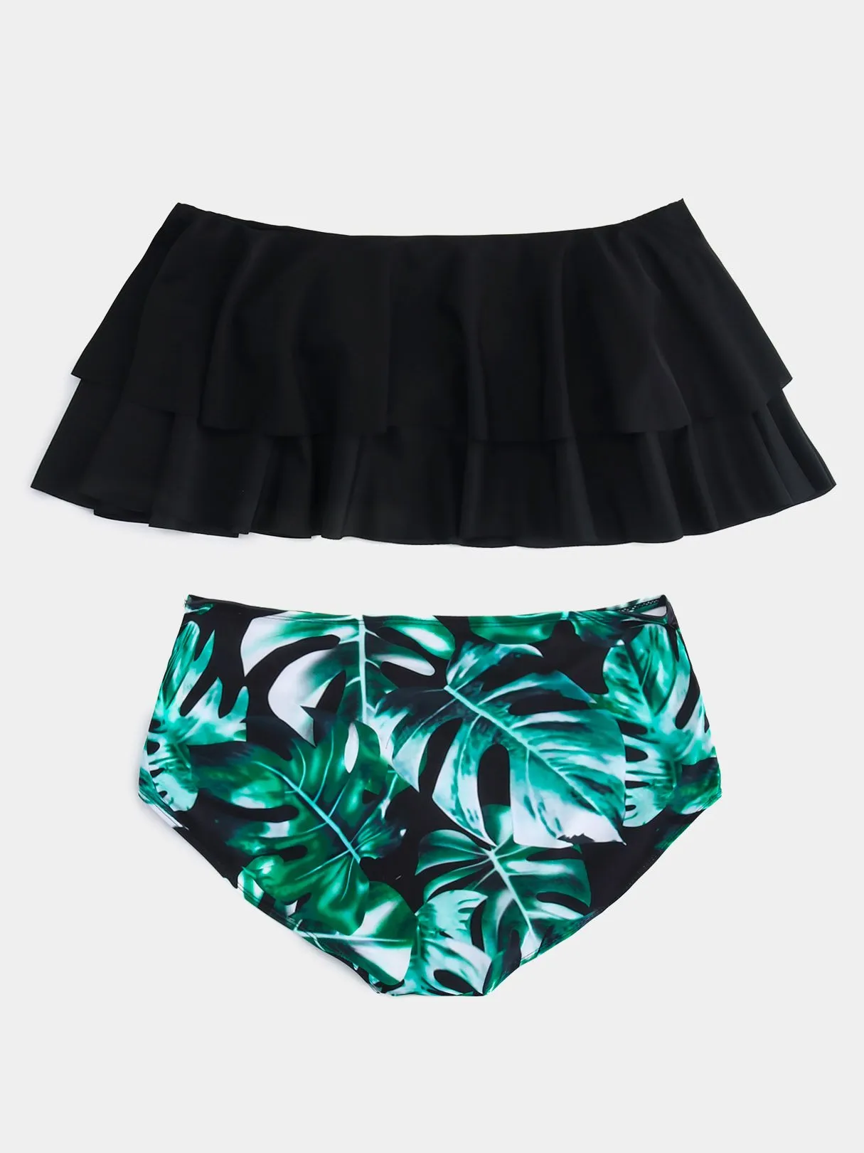 Wholesale Off The Shoulder Printed Tiered Backless Cut Out Half Sleeve Bikinis