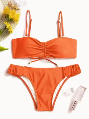 Wholesale Orange Off The Shoulder Sleeveless Plain Irregular Hem Two Piece Bikinis