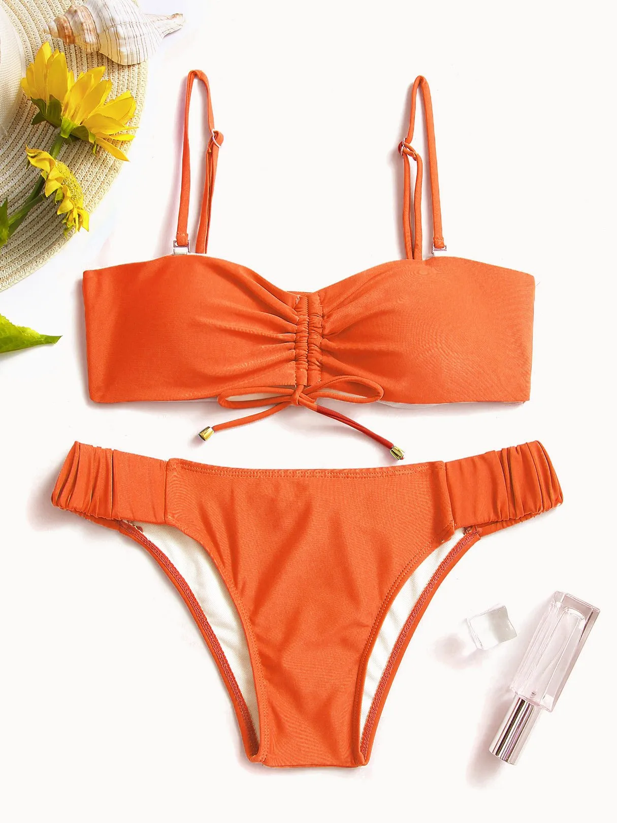 Wholesale Orange Off The Shoulder Sleeveless Plain Irregular Hem Two Piece Bikinis