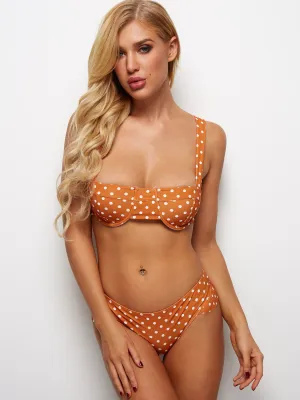 Wholesale Orange Sleeveless Polka Dot Lace-Up Flounced Hem Bikinis