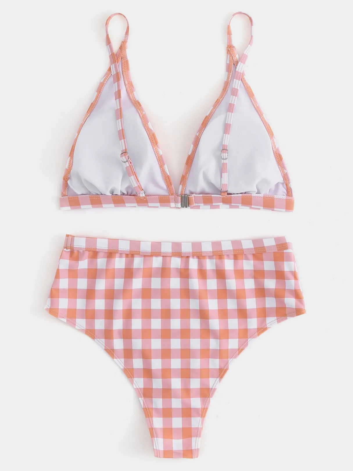 Wholesale Orange V-Neck Sleeveless Grid High Waist Two Piece Bikinis