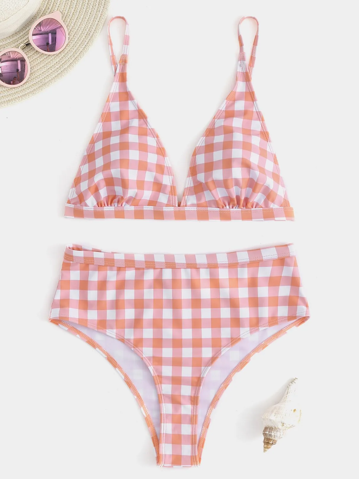 Wholesale Orange V-Neck Sleeveless Grid High Waist Two Piece Bikinis