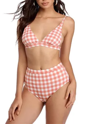 Wholesale Orange V-Neck Sleeveless Grid High Waist Two Piece Bikinis
